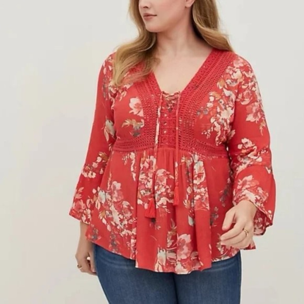 Torrid babydoll gauze crochet trim lace up blouse floral‎ bell sleeve Red 0 0X